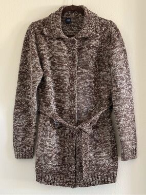 VINTAGE GAP Marled Brown 100% Wool  Belted Cardigan Sweater | Size